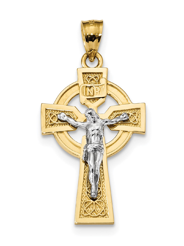 Men's Celtic Crucifix Necklace, 14K Two-Tone Gold