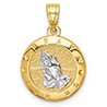 pray for us praying hands disc pendant 14k two-tone gold