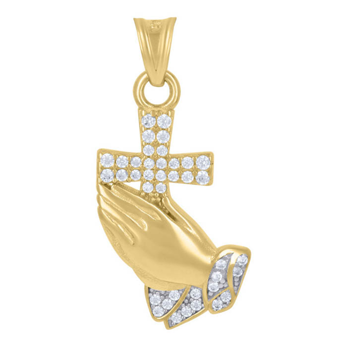 praying hands cross pendant with cz stones in 14k gold