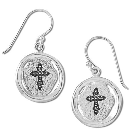French-Wire Stamped Christian Cross Disc Earrings in Sterling Silver
