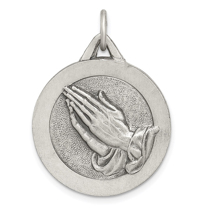 Antiqued Silver Praying Hands Pendant with Serenity Prayer