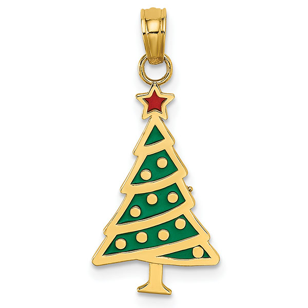 14K Gold Enameled Christmas Tree Pendant