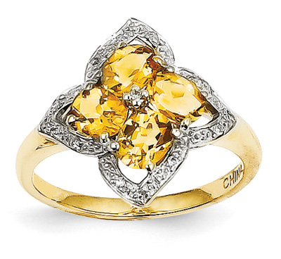 Citrine Flower and Diamond Ring, 14K Gold