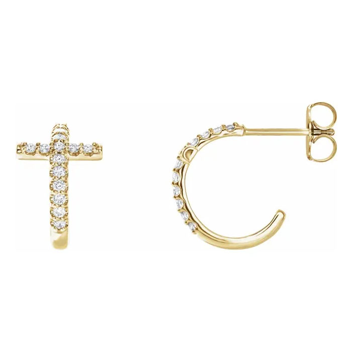 14K Gold 1/4 Carat Diamond Cross Huggie Hoop Earrings