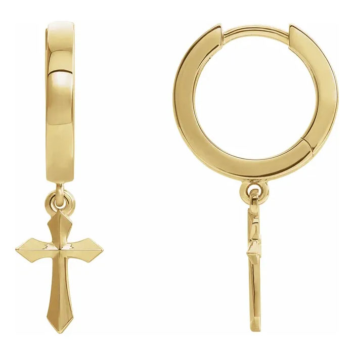 14K Gold Sword of the Spirit Cross Hoop Drop Earrings