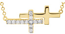 Double Diamond Sideways Cross Necklace, 14K Yellow Gold