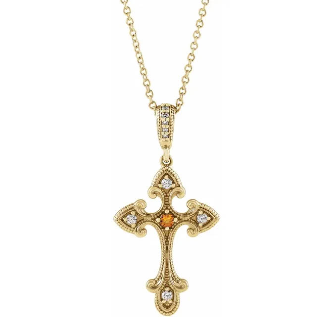 antique-style citrine and diamond cross necklace 14k gold