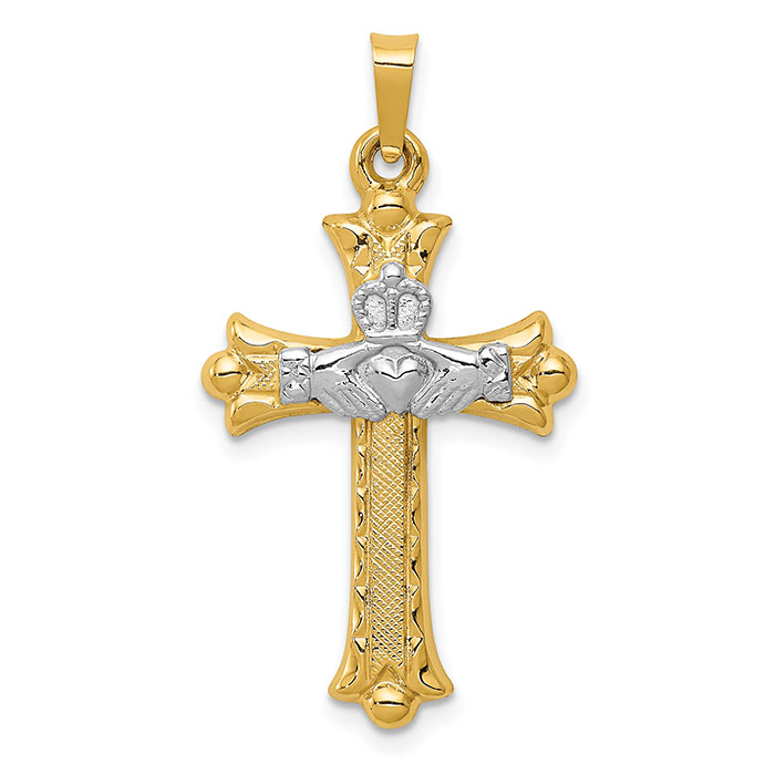 Claddagh Cross Necklace in 14K Two-Tone Gold