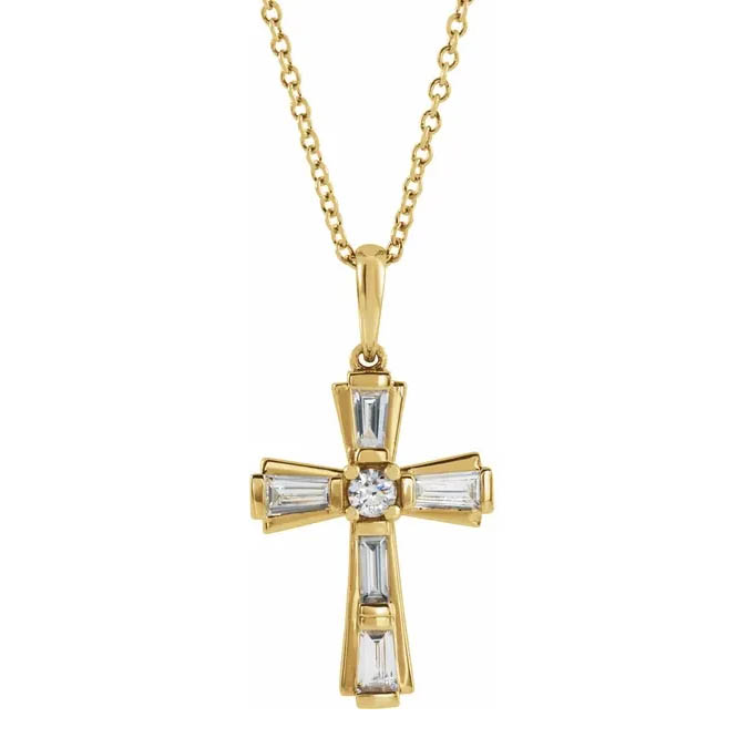 diamond baguette cross necklace 14k yellow gold