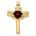 Garnet Claddagh Cross Necklace, 14K Yellow Gold
