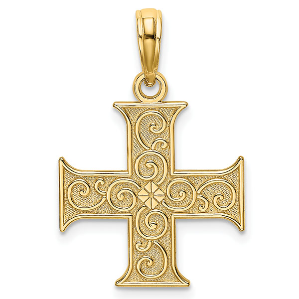 greek cross pendant with swirl design 14k gold