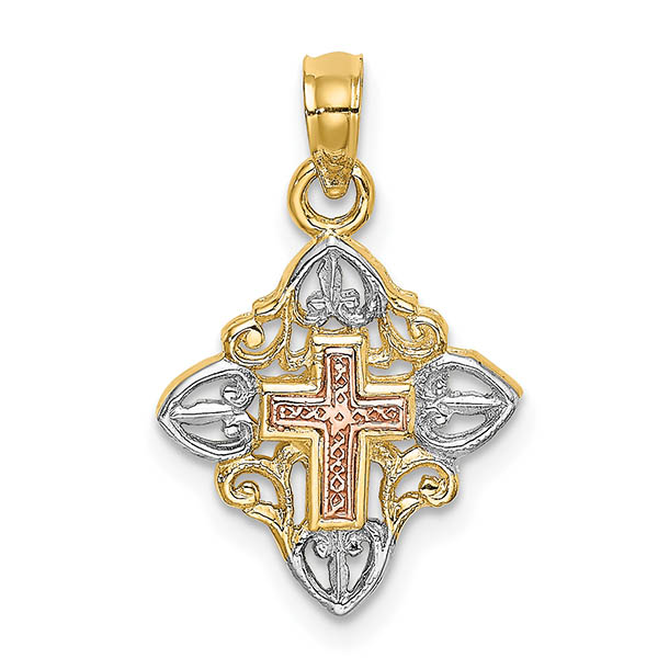small 14k gold tri-color cross in heart frame charm pendant