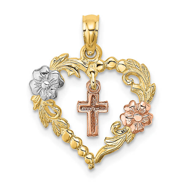 small 14k gold tri-color heart flower cross pendant necklace