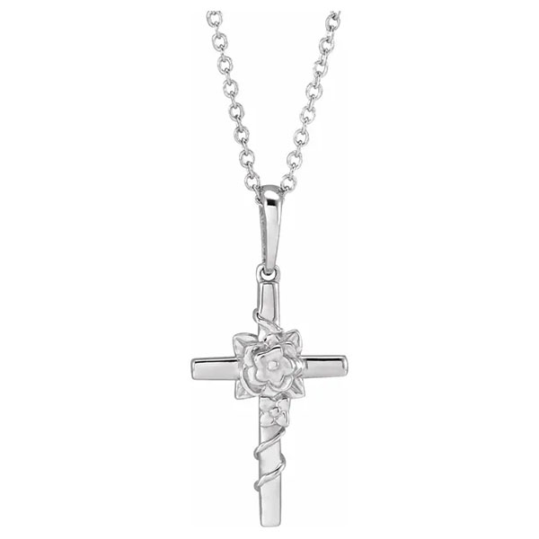 small 14k white gold rose cross necklace