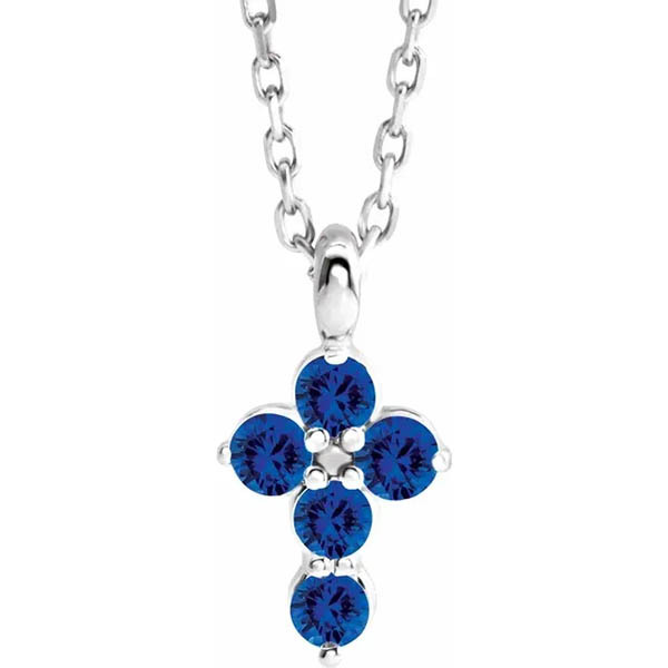 small tiny 5-stone blue sapphire cross necklace 14k white gold