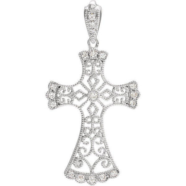 Vintage Style Diamond Cross Necklace, 14K White Gold