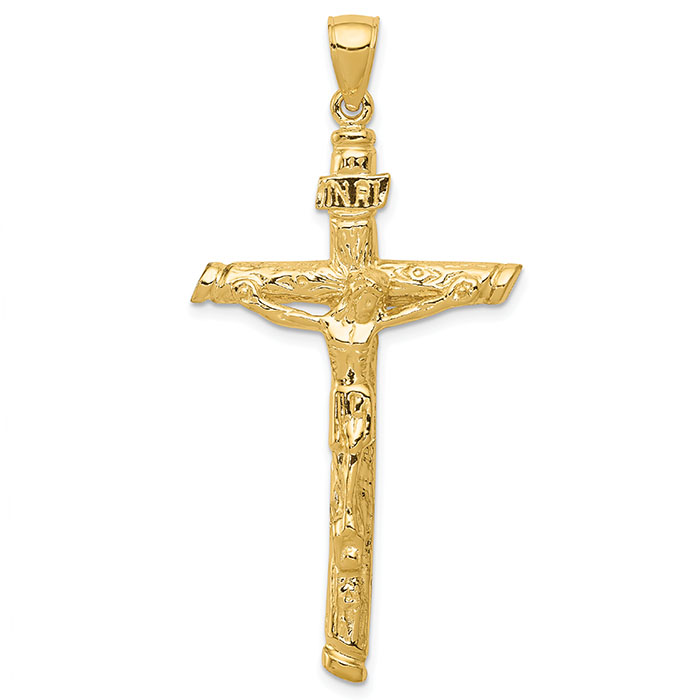 14K Gold Men's Rugged INRI Crucifix Pendant