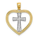 14k two-tone gold heart and cross necklace pendant