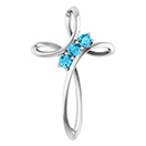 14K White Gold 3-Stone Aquamarine Curve Cross Pendant