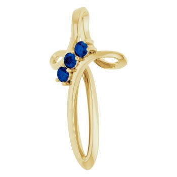 3-Stone Blue Sapphire Curve Cross Pendant in 14K Gold 2