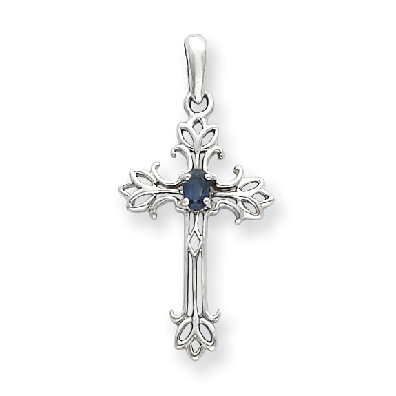 Blue Sapphire Fleuri Cross Pendant, 14K White Gold