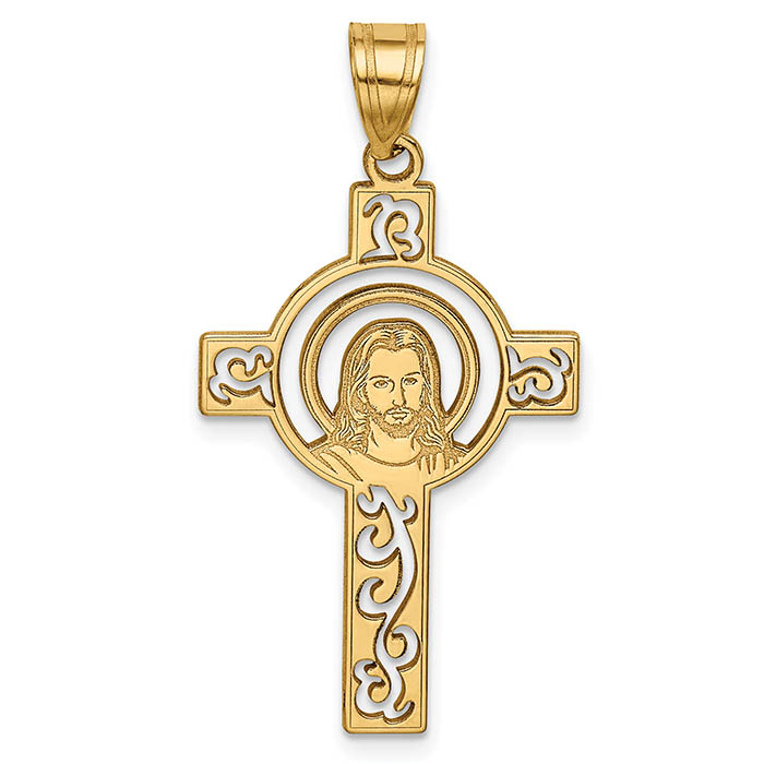 face of jesus scroll cross pendant 14k gold
