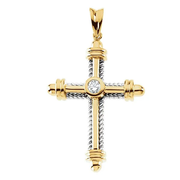 men's 1/3 carat bezel diamond cross Pendant in 14k two-tone gold