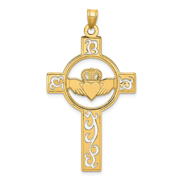 men's 14k gold cut-out celtic claddagh cross pendant