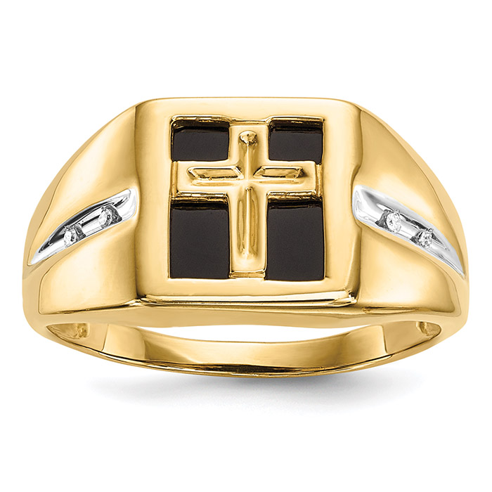 14K Gold Black Onyx Cross Ring for Men with Diamond Accent