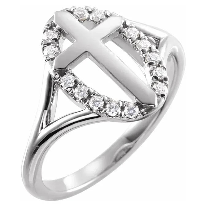 diamond cross halo ring 14k white gold for women