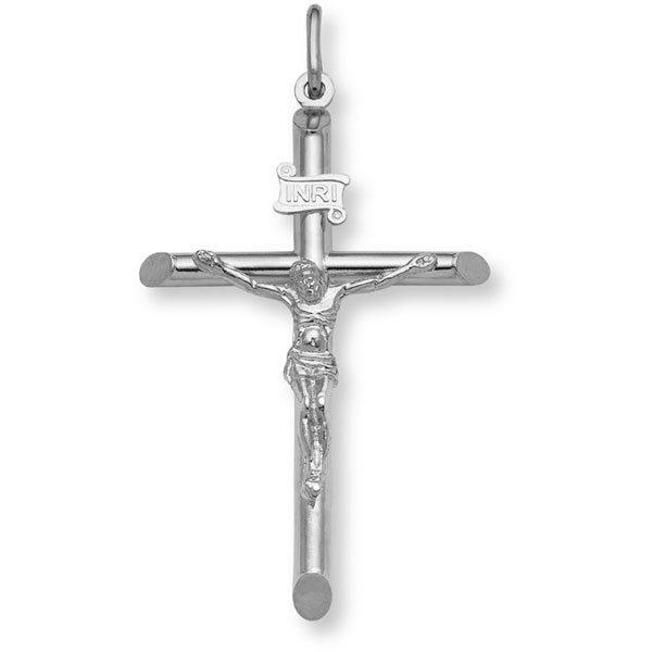 14K Solid White Gold Men's Crucifix Pendant Necklace
