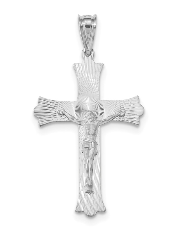 14K White Gold Diamond-Cut Design Crucifix Pendant for Men