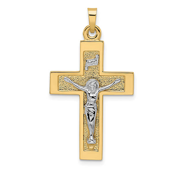 14k two-tone gold textured crucifix inri pendant for men