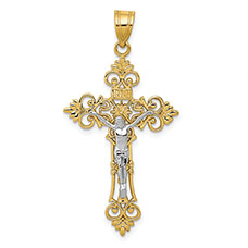 Fleur-de-Lis INRI Crucifix Pendant, 14K Two-Tone Gold