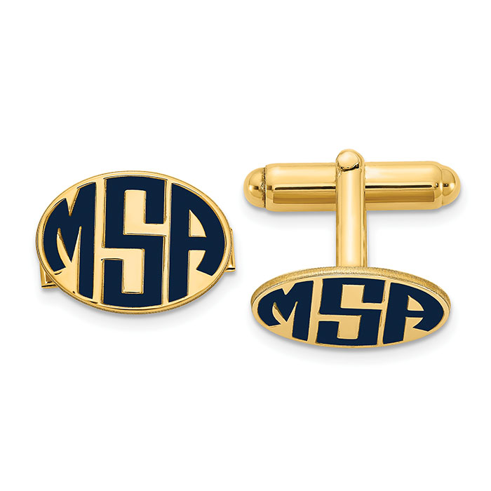 Personalized Black Monogram Oval Cuff Links for Men 14K Gold