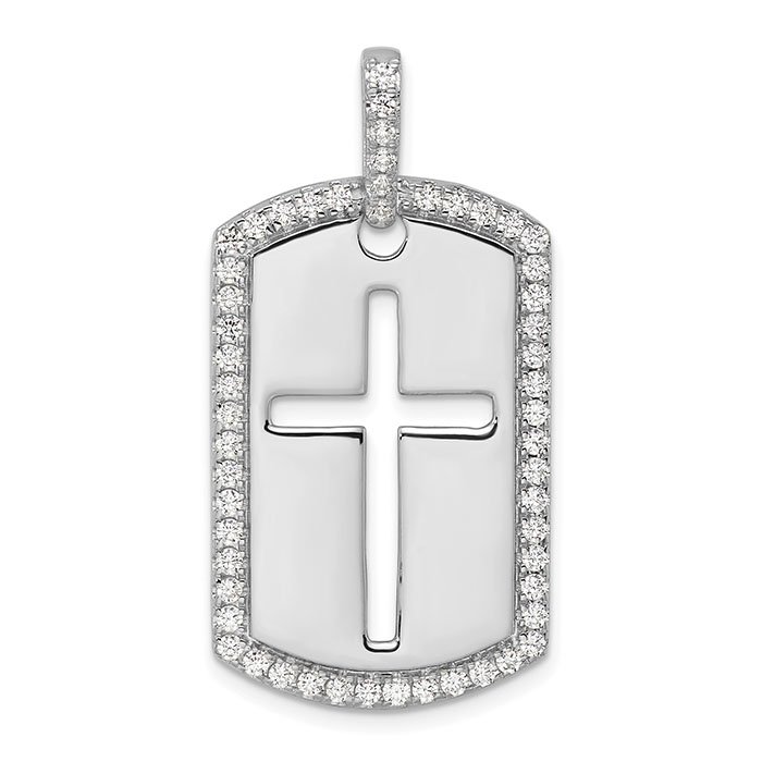14k white gold 3/4 carat lab made diamond cross dog tag pendant