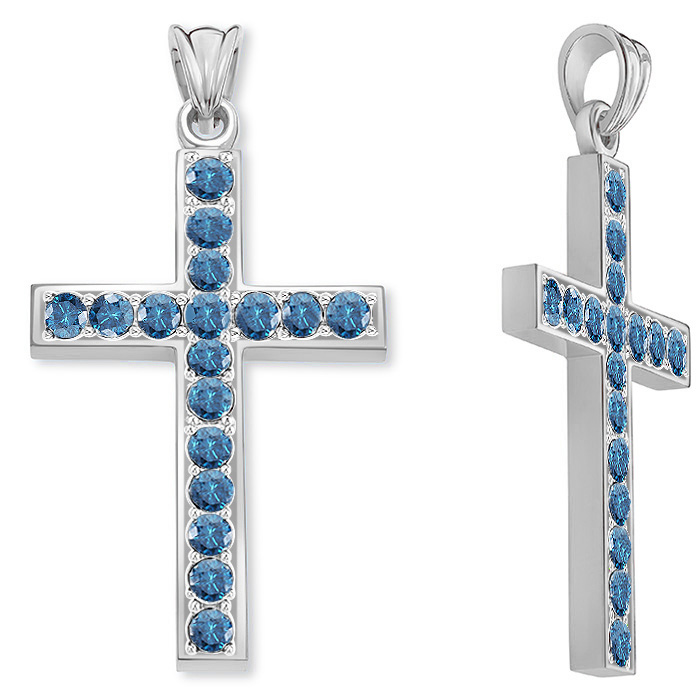 14K White Gold Men's Blue Diamond Cross Pendant