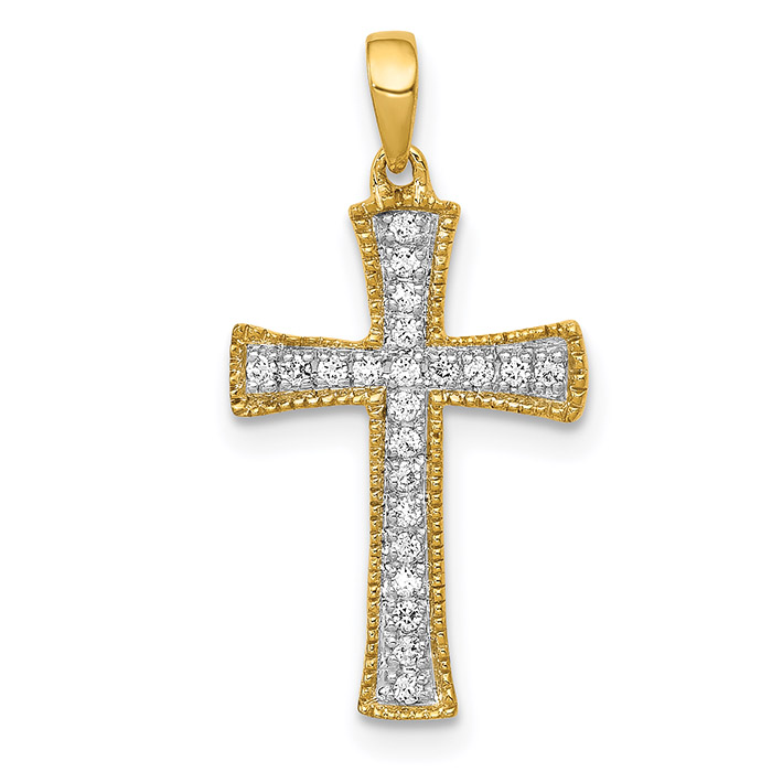 1/10 Carat Pave Diamond Cross Pendant with Milgrain in 14K Gold
