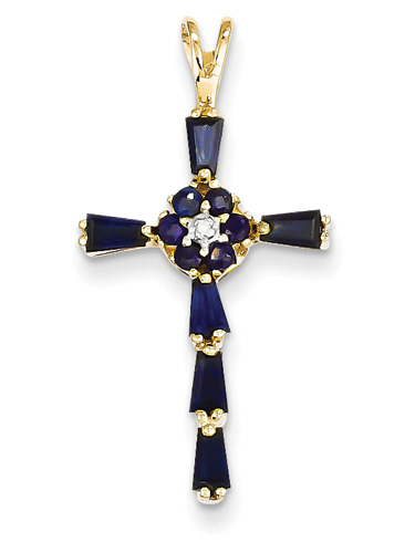 Sapphire Flower Cross Pendant, 14K Yellow Gold