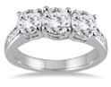 3 Carat Diamond Three Stone Engagement Ring, 14K White Gold