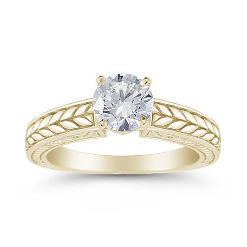 Carved Leaf 0.75 Carat Diamond Engagement Ring in 14K Yellow Gold