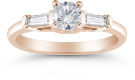 14K Rose Gold Round and Baguette Diamond 3 Stone Engagement Ring
