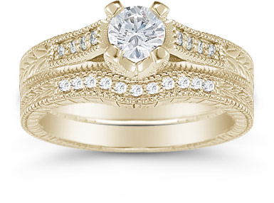 0.93 Carat Victorian Diamond Engagement Set, 14K Yellow Gold