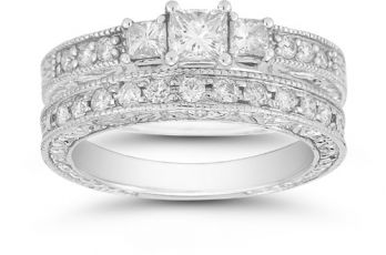 1 Carat Three Stone Princess Cut Floret Diamond Bridal Set 6