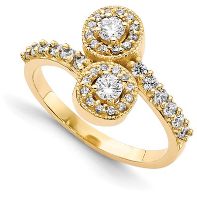 2 Stone Diamond Ring in 14k Yellow Gold Halo Design