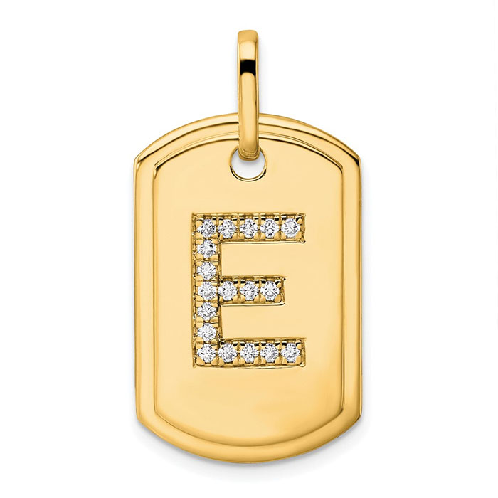 Initial E 14K Gold Diamond Dog Tag Pendant
