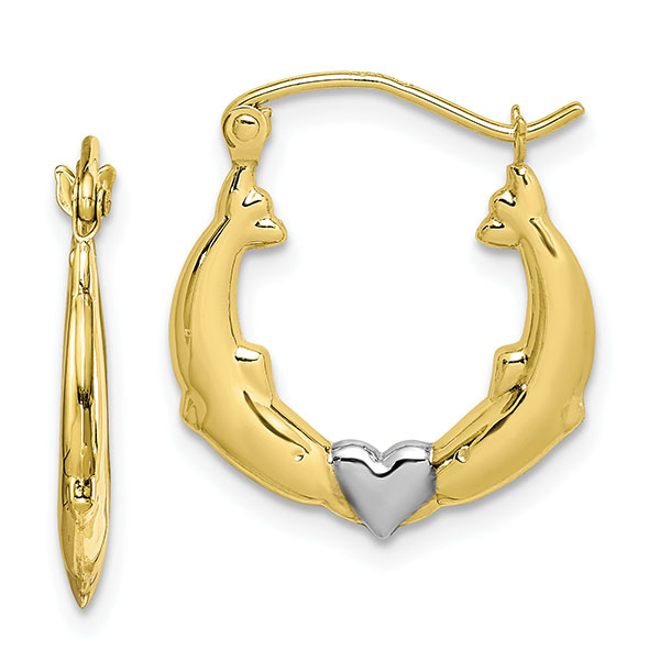 10k two-tone gold kissing dolphin heart hoop earrings