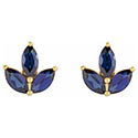 3 Leaf Marquise Blue Sapphire Stud Earrings, 14K Gold 2