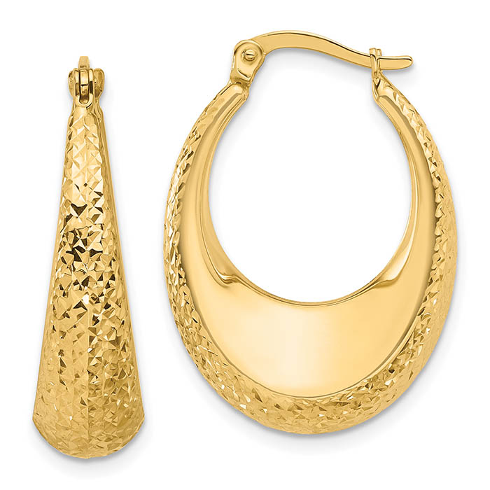 14K Gold Diamond-Cut Textured Oval Hoop Earrings