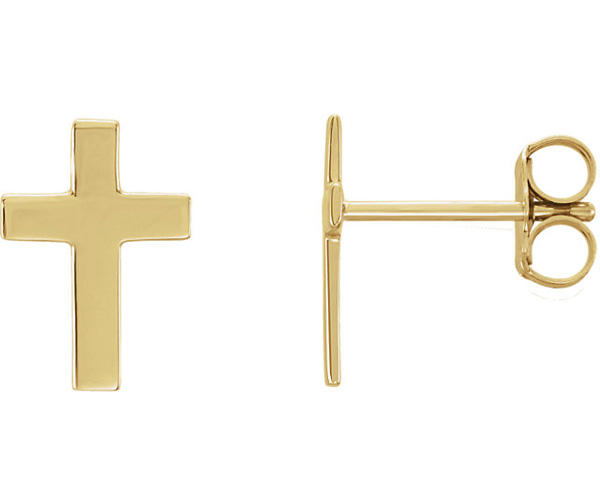 Plain Polished Christian Cross Stud Earrings, 14K Yellow Gold